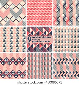 Set of 9 seamless retro patterns. Beautiful graphic prints with zigzags, squares, triangles, diagonal lines. Abstract geometric ornaments in vintage colors. Vector illustration for stylish design