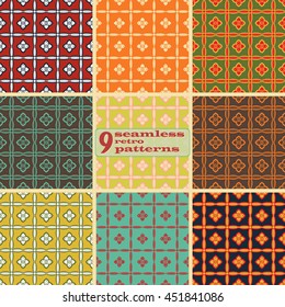 Set of 9 seamless retro patterns with flowers. Elegant simple floral ornaments in folk style. Cute variegated prints in vintage colors. Vector illustration for fashion design