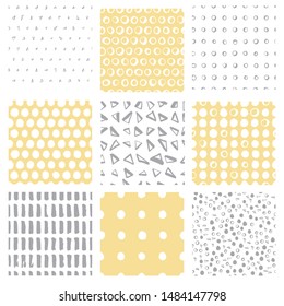 Set of 9 seamless vector patterns. Simple shapes background. Many hand drawn isolated triangles, circles, rings, dots, brushstrokes. Geometric pattern for clothes, prints, fabric, invitations, cards.
