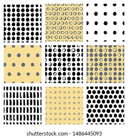 Set of 9 seamless vector patterns. Simple shapes background. Many hand drawn isolated triangles, circles, rings, dots, brushstrokes. Geometric pattern 