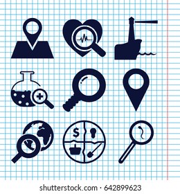 Set of 9 search filled icons such as location pin, search sperm, lighthouse, marketing