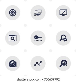Set Of 9 Search Icons Set.Collection Of Password, Design, Responsive And Other Elements.