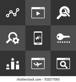 Set Of 9 Search Icons Set.Collection Of Columns, Search, Engine And Other Elements.