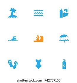 Set Of 9 Seaside Icons Set. Collection Of Palm, Diver Equipment, Swimwear And Other Elements.