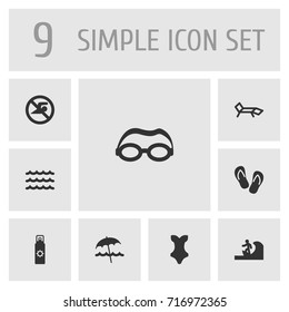Set Of 9 Seaside Icons Set.Collection Of Wave, No Swimming Sign, Swimwear And Other Elements.