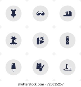 Set Of 9 Seaside Icons Set.Collection Of Swimwear, Sunscreen, Inflating And Other Elements.