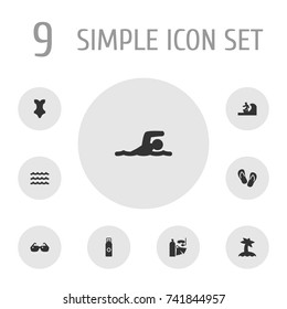 Set Of 9 Seaside Icons Set.Collection Of Diver, Eyeglasses, Swimwear And Other Elements.