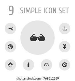 Set Of 9 Seaside Icons Set.Collection Of Eyeglasses, No Swimming Sign, Warning And Other Elements.