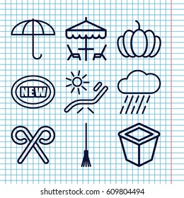 Set of 9 season outline icons such as sunbed, rake, rain, pot for plants, pumpkin, candy cane, table under umbrella, new