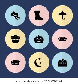 Set of 9 seasonal filled icons such as boot, pie, moon and stars, pumpkin halloween