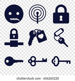 Set of 9 secret filled icons such as key, emot with zipper mouth, lock