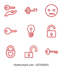 set of 9 secret outline icons such as opened lock, heart lock, key, emot with zipper mouth, key on hand, lock