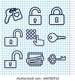 Set of 9 secret outline icons such as opened lock, lock, heart key, censored, key
