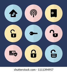 Set of 9 secure filled icons such as home lock, key, safe, lock, opened lock