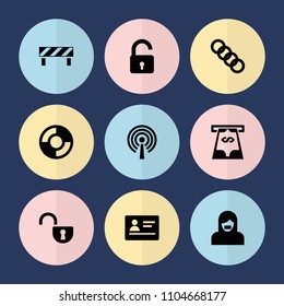 Set of 9 security filled icons such as passport, opened lock, lifebuoy, chain, barrier, atm money withdraw, open lock, censored woman