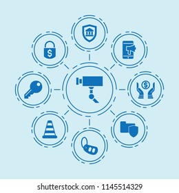Set of 9 security filled icons such as car alarm key, money lock, security camera, cone barrier, money care, bank insurance, folder security, megaphone