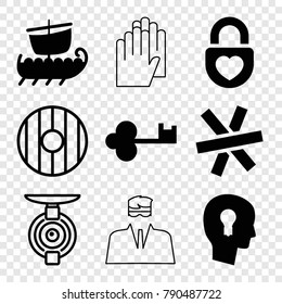 Set of 9 security filled and outline icons such as heart lock, keyhole in head, wire fence, water military, spy camera, shield, key, security guy