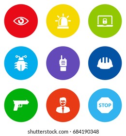 Set Of 9 Security Icons Set.Collection Of Security Man, Shot, Virus And Other Elements.