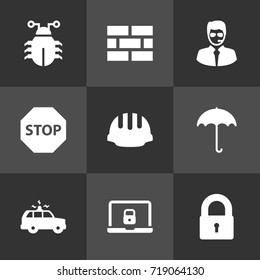 Set Of 9 Security Icons Set.Collection Of Notebook, Security Man, Padlock And Other Elements.