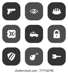 Set Of 9 Security Icons Set.Collection Of Hardhat, Patrol, Look And Other Elements.