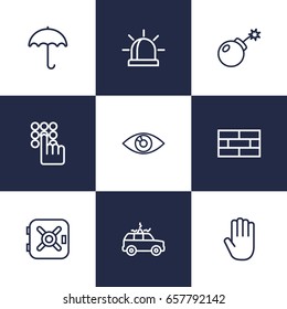 Set Of 9 Security Outline Icons Set.Collection Of Siren , Hand , Firewall Elements.