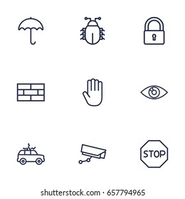 Set Of 9 Security Outline Icons Set.Collection Of Parasol, Vision , Hand Elements.