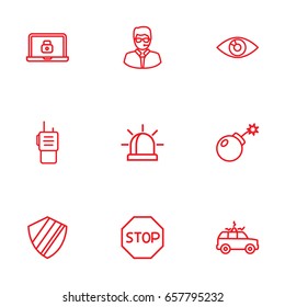 Set Of 9 Security Outline Icons Set.Collection Of Siren, Lock, Vision And Other Elements.