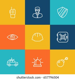 Set Of 9 Security Outline Icons Set.Collection Of Vision, Dynamite, Worker And Other Elements.