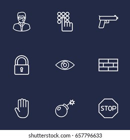 Set Of 9 Security Outline Icons Set.Collection Of Weapon , Hand , Close Elements.