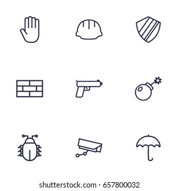Set Of 9 Security Outline Icons Set.Collection Of Weapon, Dynamite, Protection And Other Elements.