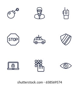 Set Of 9 Security Outline Icons Set.Collection Of Protection, Walkie-Talkie, Vision And Other Elements.