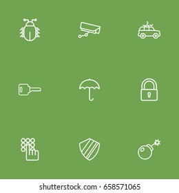 Set Of 9 Security Outline Icons Set.Collection Of Parasol, Keypad, Dynamite And Other Elements.