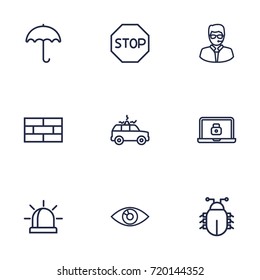 Set Of 9 Security Outline Icons Set.Collection Of Bodyguard, Alarm, Firewall And Other Elements.