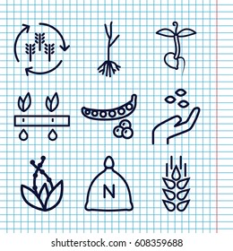 Set of 9 seed outline icons such as wheat, harvest, sack, peas, hand with seeds, sprout