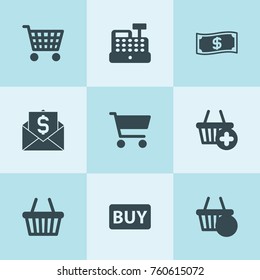 Set of 9 sell filled icons such as money transfer, dollar money, buy button, cashbox, shopping basket