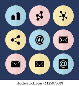 Set of 9 send filled icons such as arrow up, love letter, at mail, mail