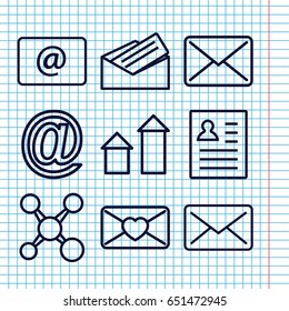Set of 9 send outline icons such as arrow up, love letter, email, letter, resume, share, mail