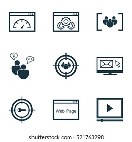 Set Of 9 SEO Icons. Can Be Used For Web, Mobile, UI And Infographic Design. Includes Elements Such As Research, Marketing, Target And More.