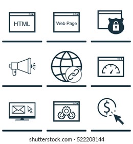 Set Of 9 SEO Icons. Can Be Used For Web, Mobile, UI And Infographic Design. Includes Elements Such As Community, Web, Code And More.