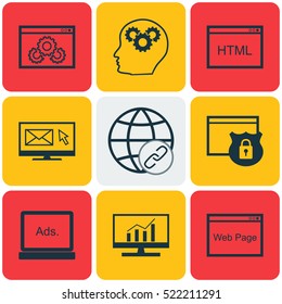 Set Of 9 SEO Icons. Can Be Used For Web, Mobile, UI And Infographic Design. Includes Elements Such As Web, Analytics, Performance And More.