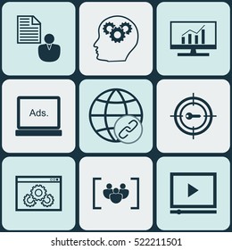 Set Of 9 SEO Icons. Can Be Used For Web, Mobile, UI And Infographic Design. Includes Elements Such As Target, Comprehensive, Focus And More.