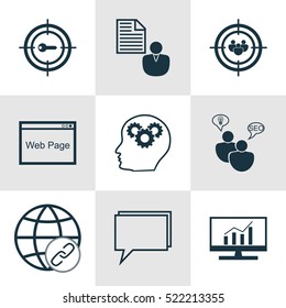 Set Of 9 SEO Icons. Can Be Used For Web, Mobile, UI And Infographic Design. Includes Elements Such As Matching, SEO, Focus And More.