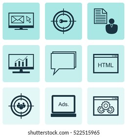 Set Of 9 SEO Icons. Can Be Used For Web, Mobile, UI And Infographic Design. Includes Elements Such As Advertising, Comprehensive, Display And More.