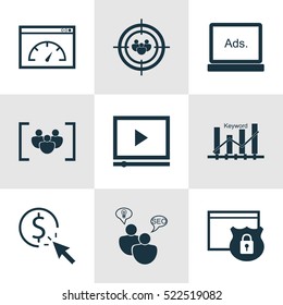 Set Of 9 SEO Icons. Can Be Used For Web, Mobile, UI And Infographic Design. Includes Elements Such As Digital, Per, Audience And More.