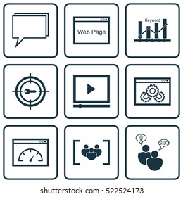 Set Of 9 SEO Icons. Can Be Used For Web, Mobile, UI And Infographic Design. Includes Elements Such As Web, Focus, Consulting And More.