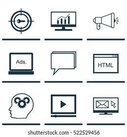 Set Of 9 SEO Icons. Can Be Used For Web, Mobile, UI And Infographic Design. Includes Elements Such As Consulting, Digital, Viral And More.