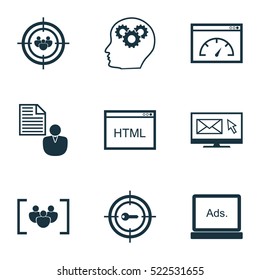 Conjunto De 9 Iconos SEO. Se Puede Usar Para Diseño Web, Móvil, UI E Infográfico. Incluye Elementos Como Brief, Cliente, Web Y Más.