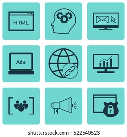 Set Of 9 SEO Icons. Can Be Used For Web, Mobile, UI And Infographic Design. Includes Elements Such As Digital, Group, Matching And More.