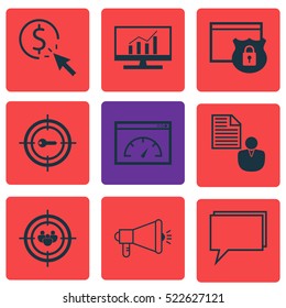 Set Of 9 SEO Icons. Can Be Used For Web, Mobile, UI And Infographic Design. Includes Elements Such As Brief, Protected, Audience And More.