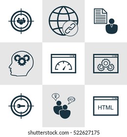 Set Of 9 SEO Icons. Can Be Used For Web, Mobile, UI And Infographic Design. Includes Elements Such As Client, Bulding, Page And More.